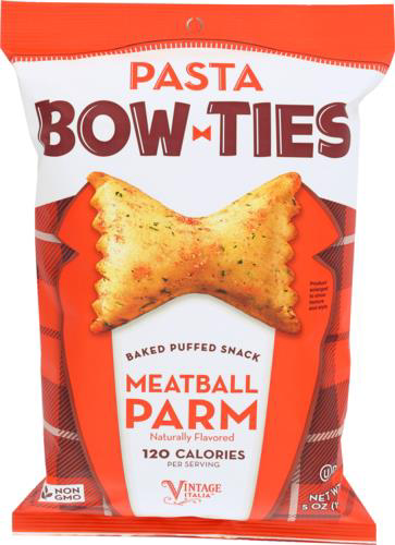 slide 1 of 1, Pasta Bow Ties Puffed Snack, Baked, Meatball Parm, 5 oz