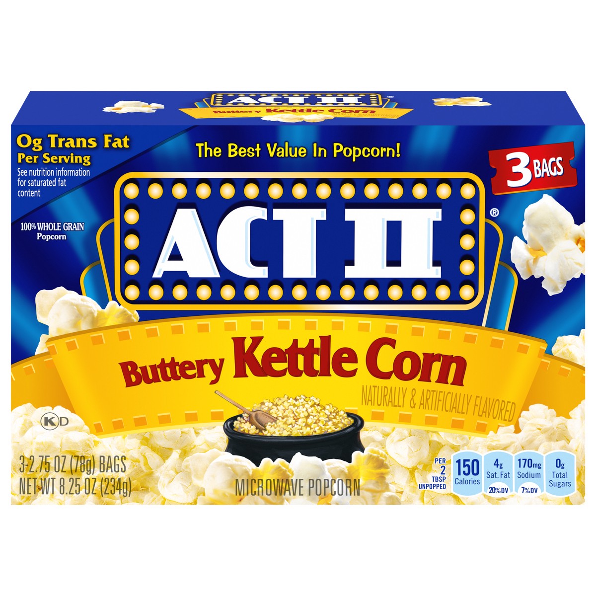 slide 1 of 5, Act Ii Microwave Popcorn Buttery Kettle Corn 3Pk 2.75Oz Bags, 3 ct