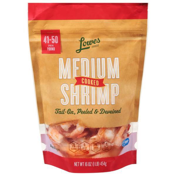 slide 1 of 1, Lowes Foods 41/50 Cooked Tail-On Peeled & Deveined Medium Shrimp, 16 oz