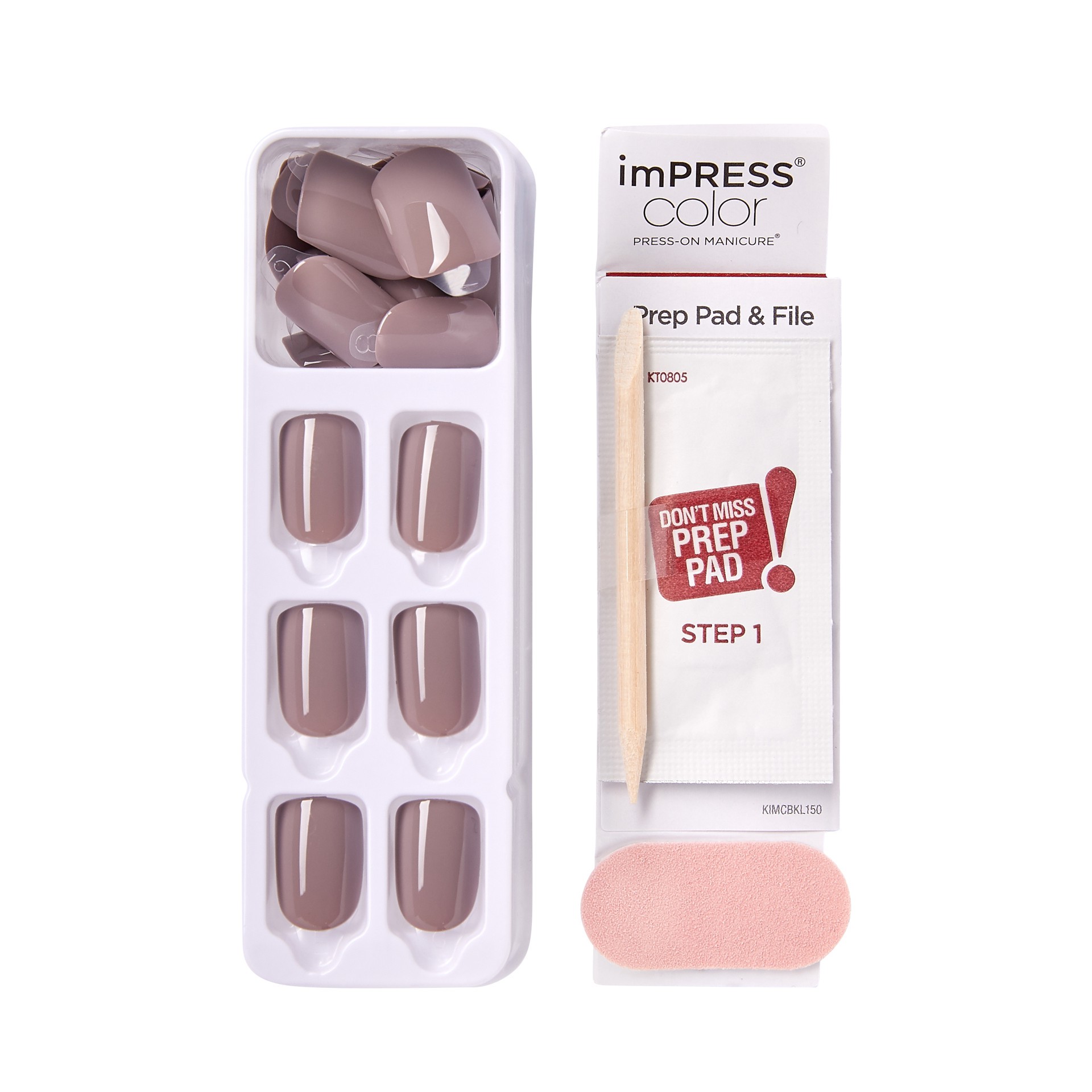 slide 3 of 5, imPRESS KISS imPRESS Color Press-On Nails, Gel Nail Kit, PureFit Technology, Short Length, “Taupe Prize”, Polish-Free Solid Color Manicure, Includes Prep Pad, Mini Nail File, Cuticle Stick, and 30 Fake Nails, 1 cnt