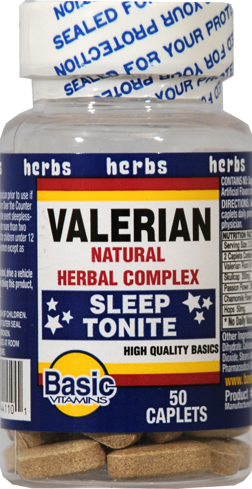 slide 1 of 1, Basic Sleep Tonite Valerian Natural Herbal Complex Caplets, 50 ct