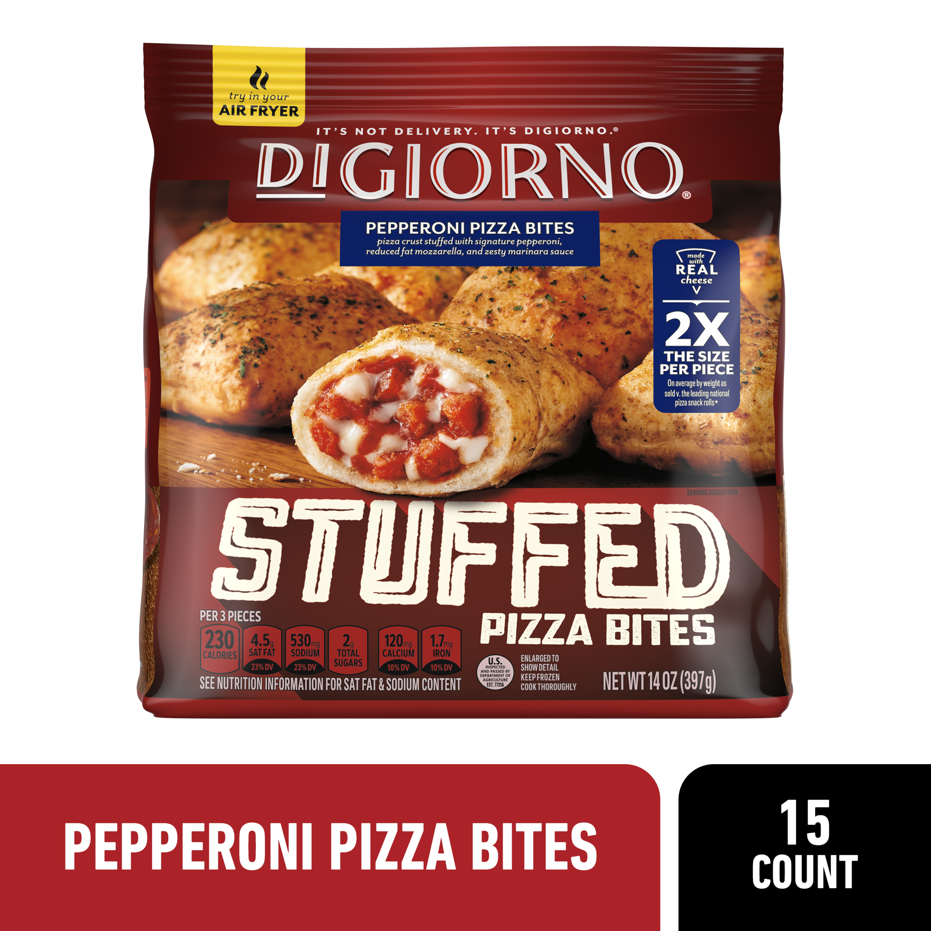 slide 1 of 8, DIGIORNO Frozen Pizza Bites - Frozen Pepperoni Pizza Bites - 15 Count Bag of Frozen Snacks, 14 oz