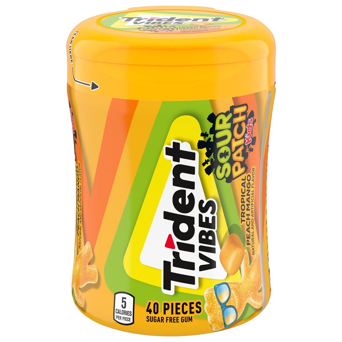 slide 4 of 16, Trident Vibes SOUR PATCH KIDS Tropical Peach Mango Sugar Free Gum, 40 Piece Bottle, 40 ct