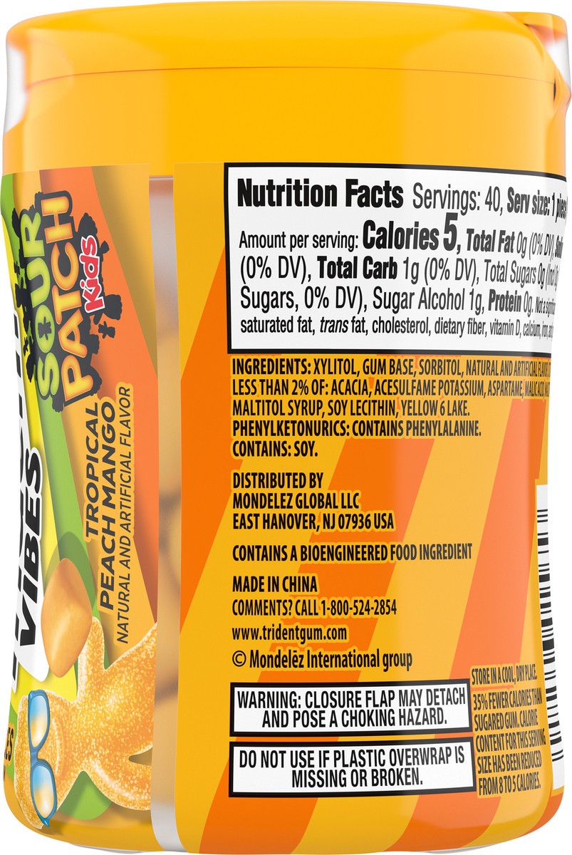 slide 9 of 16, Trident Vibes SOUR PATCH KIDS Tropical Peach Mango Sugar Free Gum, 40 Piece Bottle, 40 ct