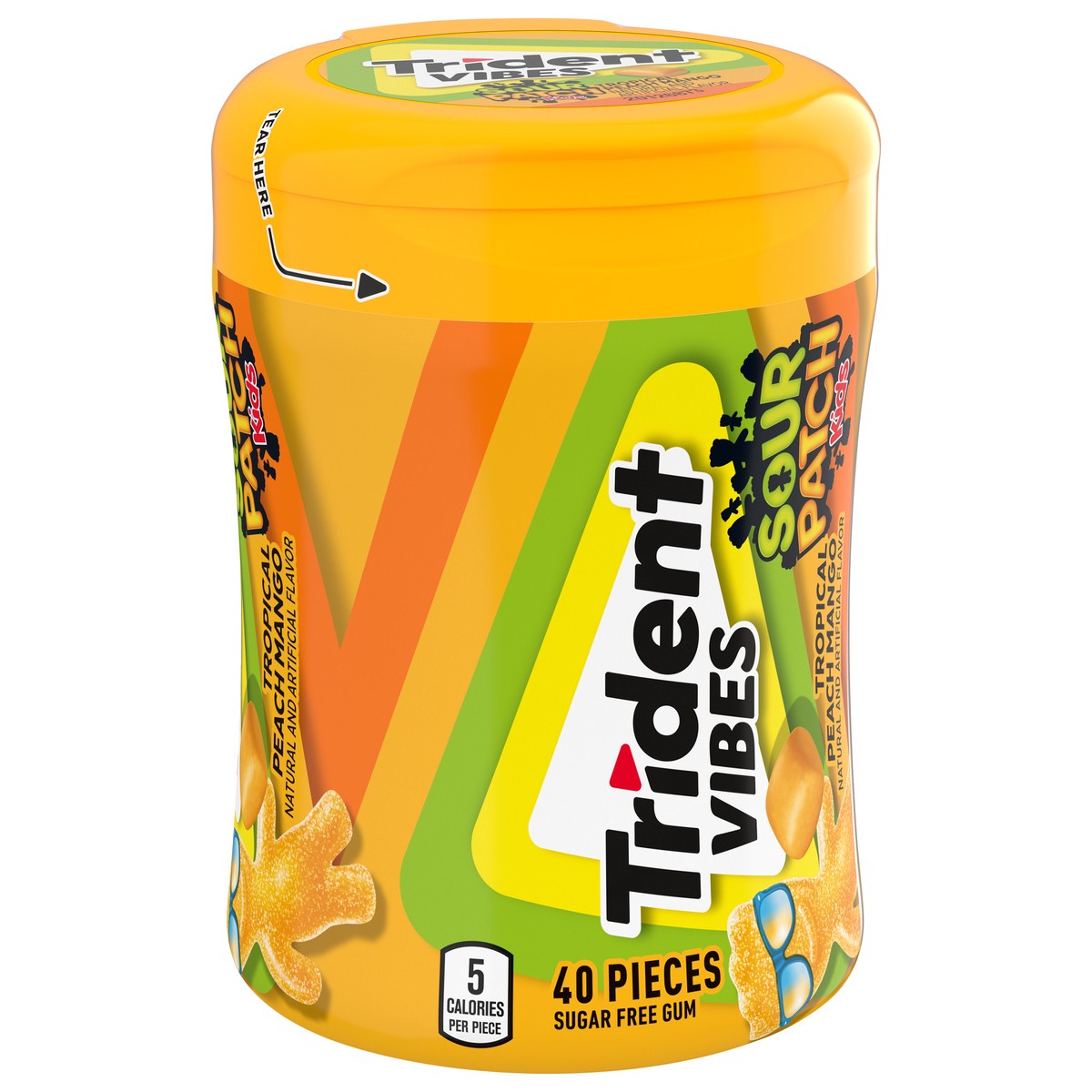 slide 8 of 16, Trident Vibes SOUR PATCH KIDS Tropical Peach Mango Sugar Free Gum, 40 Piece Bottle, 40 ct
