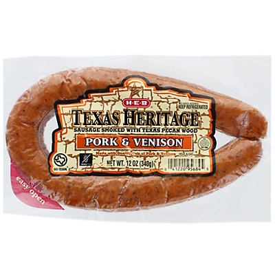 slide 1 of 1, H-E-B Texas Heritage Pecan Smoked Pork & Venison Sausage, 12 oz