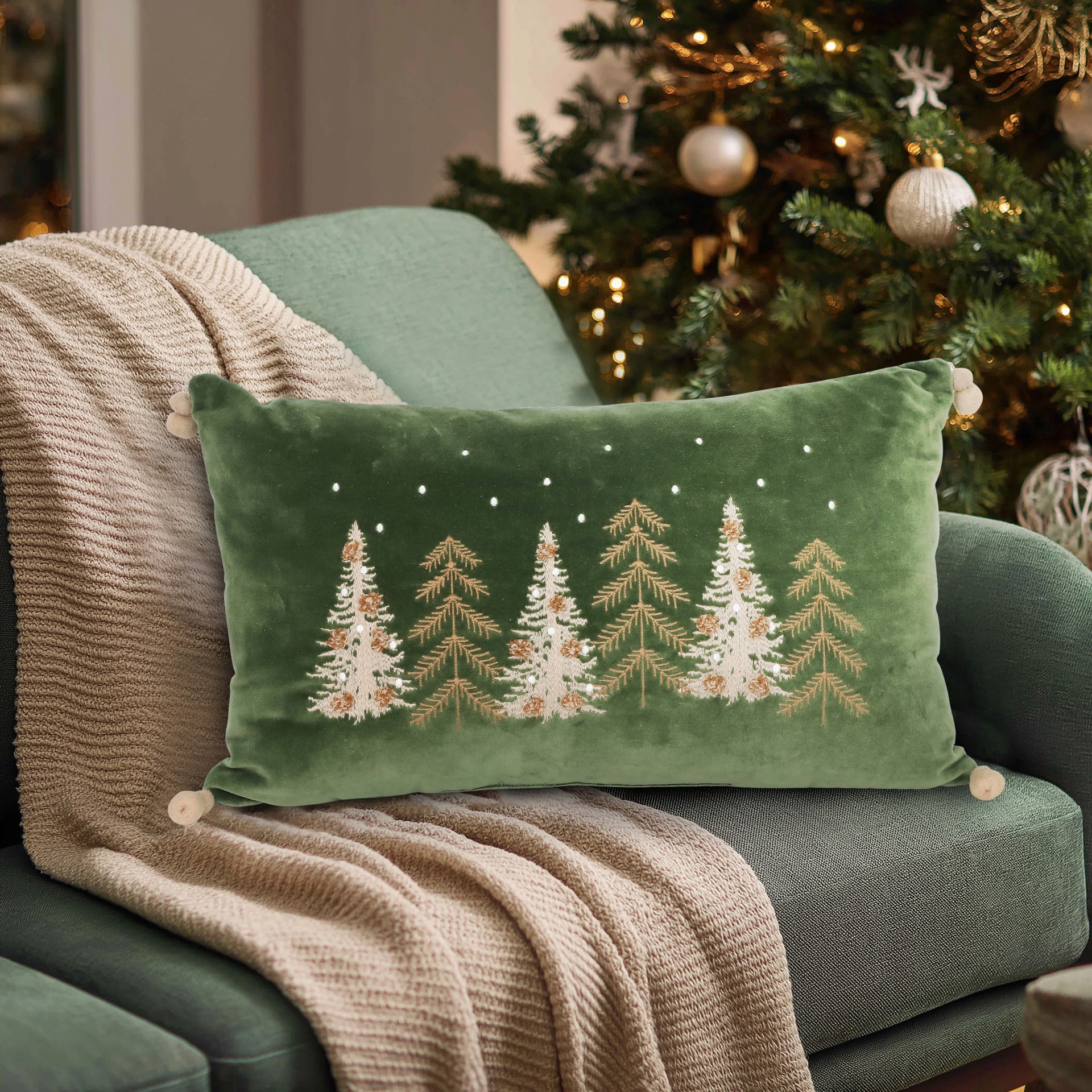 slide 6 of 6, 20" X 12" Green Embroidered Trees Lumbar Throw Pillow By Ashland, 20 in x 12 in