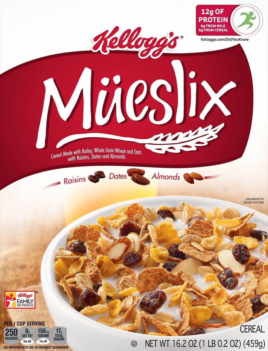 slide 3 of 7, Mueslix Kellogg's Mueslix Cold Breakfast Cereal, Fiber Cereal, 12g Protein, Original, 16.2oz Box, 1 Box, 16.2 oz