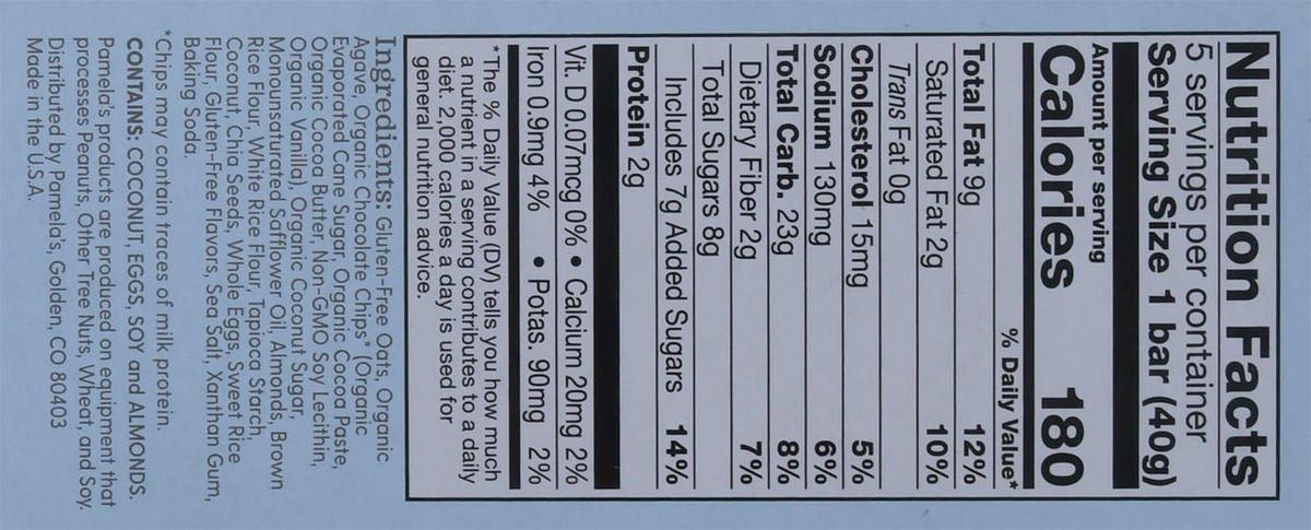 slide 4 of 9, Pamela's Whenever Bars Soft & Chewy Chocolate Chip Coconut Oat Bars 5 - 1.41 oz Bars, 7.05 oz