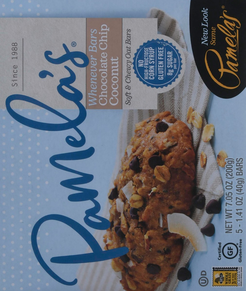 slide 3 of 9, Pamela's Whenever Bars Soft & Chewy Chocolate Chip Coconut Oat Bars 5 - 1.41 oz Bars, 7.05 oz