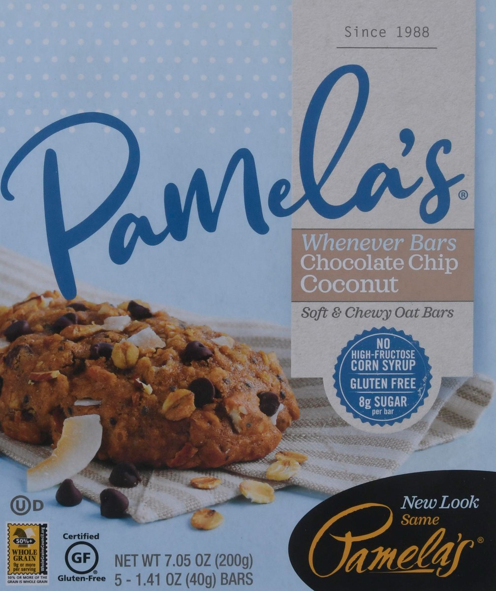 slide 6 of 9, Pamela's Whenever Bars Soft & Chewy Chocolate Chip Coconut Oat Bars 5 - 1.41 oz Bars, 7.05 oz