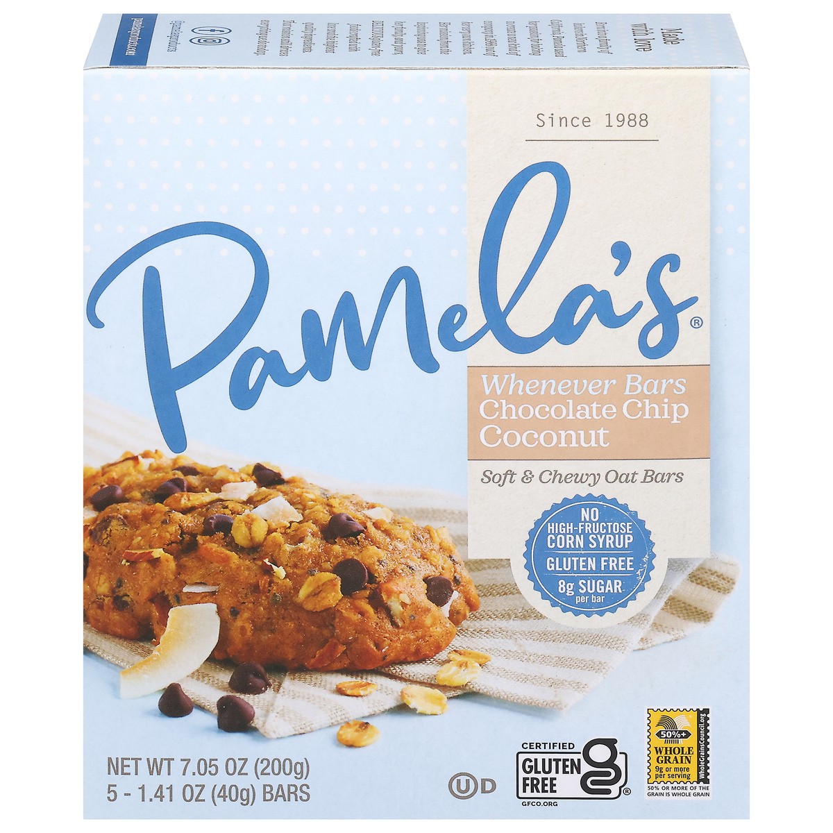 slide 1 of 9, Pamela's Whenever Bars Soft & Chewy Chocolate Chip Coconut Oat Bars 5 - 1.41 oz Bars, 7.05 oz