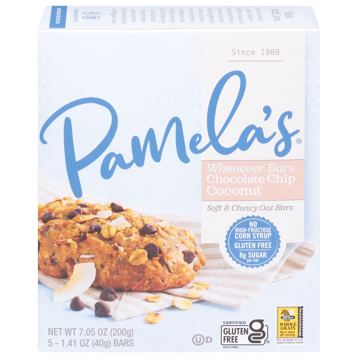 slide 1 of 9, Pamela's Whenever Bars Soft & Chewy Chocolate Chip Coconut Oat Bars 5 - 1.41 oz Bars, 7.05 oz
