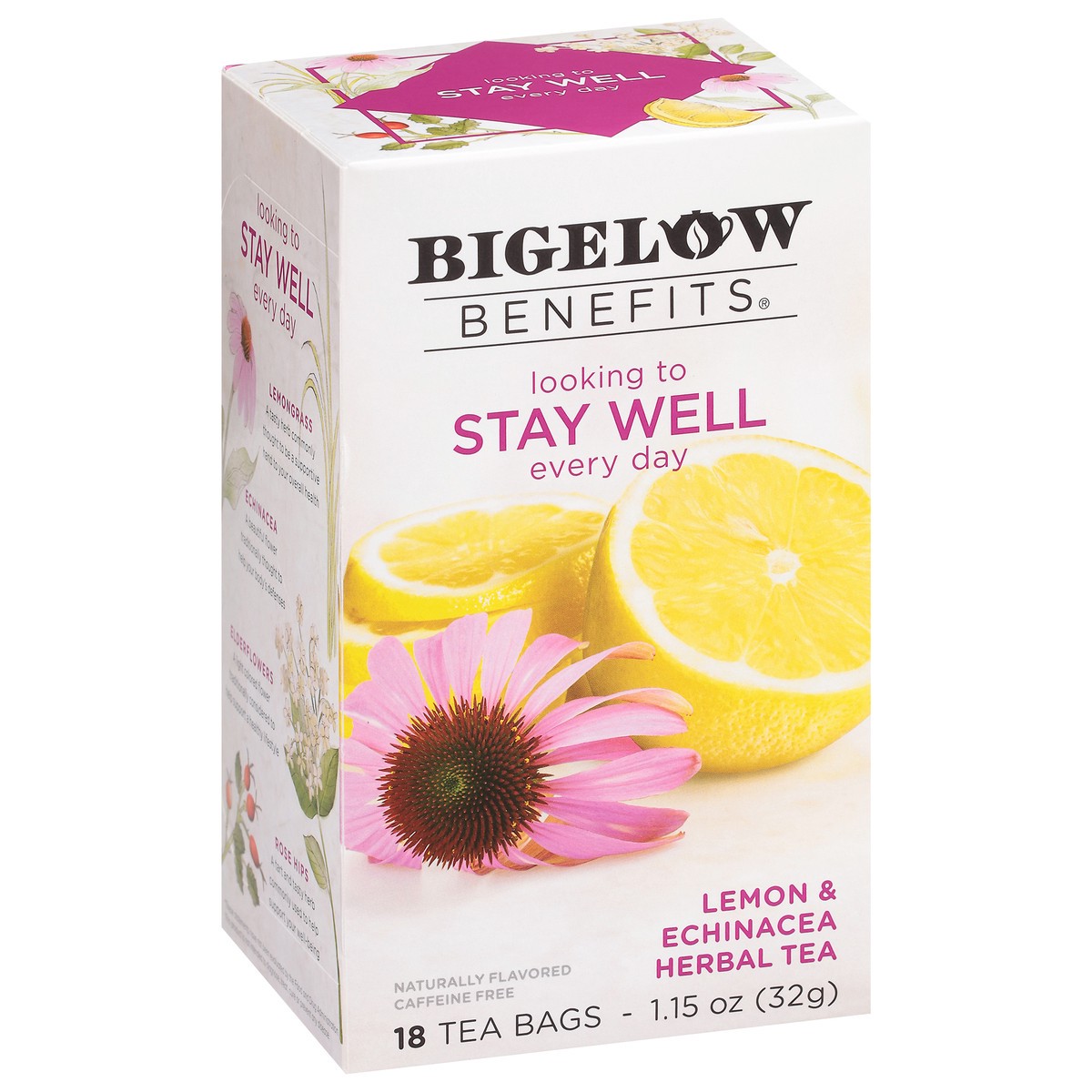 slide 6 of 9, Bigelow Benefits Caffeine Free Stay Well Lemon & Echinacea Herbal Tea 18 Tea Bags, 1.15 oz