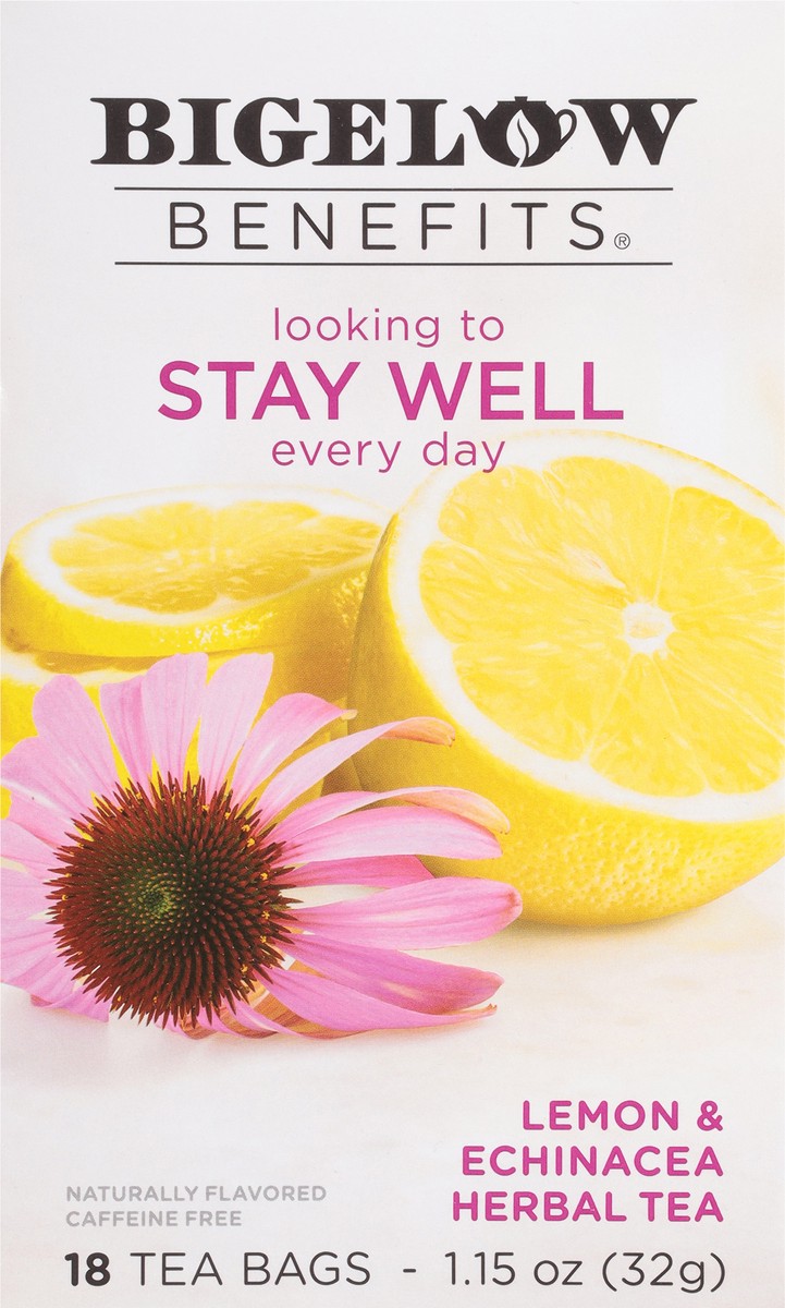 slide 3 of 9, Bigelow Benefits Caffeine Free Stay Well Lemon & Echinacea Herbal Tea 18 Tea Bags, 1.15 oz