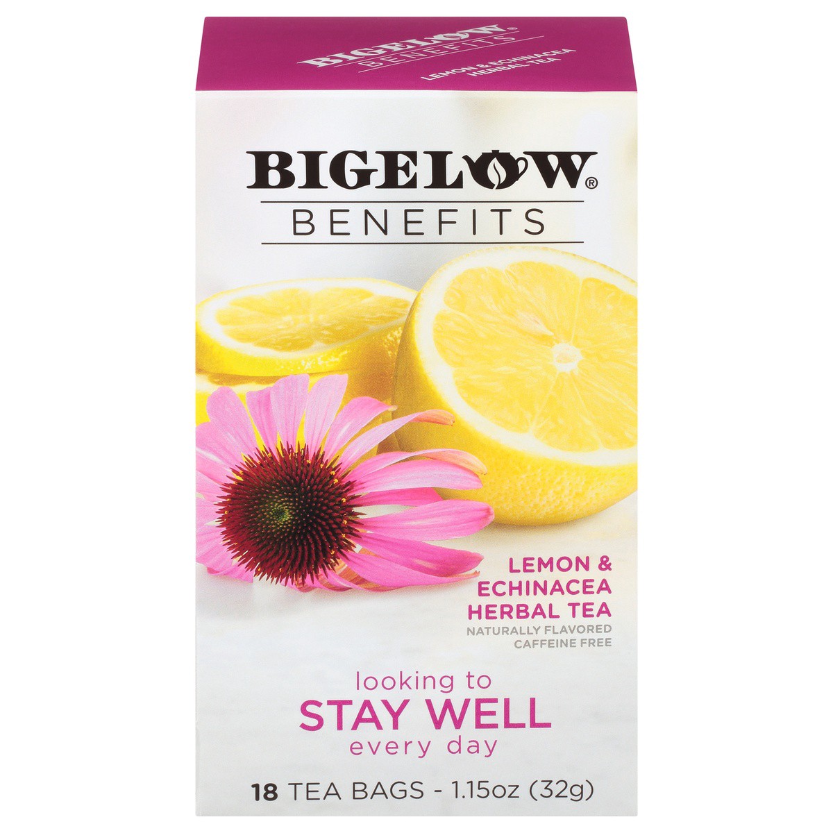 slide 1 of 9, Bigelow Benefits Caffeine Free Stay Well Lemon & Echinacea Herbal Tea 18 Tea Bags, 1.15 oz