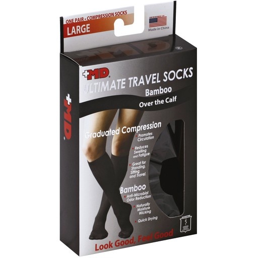 slide 1 of 1, +MD Socks Ultimate Travel Bamboo Graduated Compression Over the Calf Large Black - Each, 2 ct