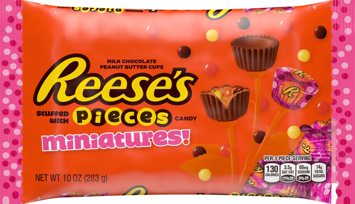 slide 1 of 4, Reese's Pieces Stuffed with Pieces Miniatures Milk Chocolate Peanut Butter Cups Hearts 10 oz, 10 oz