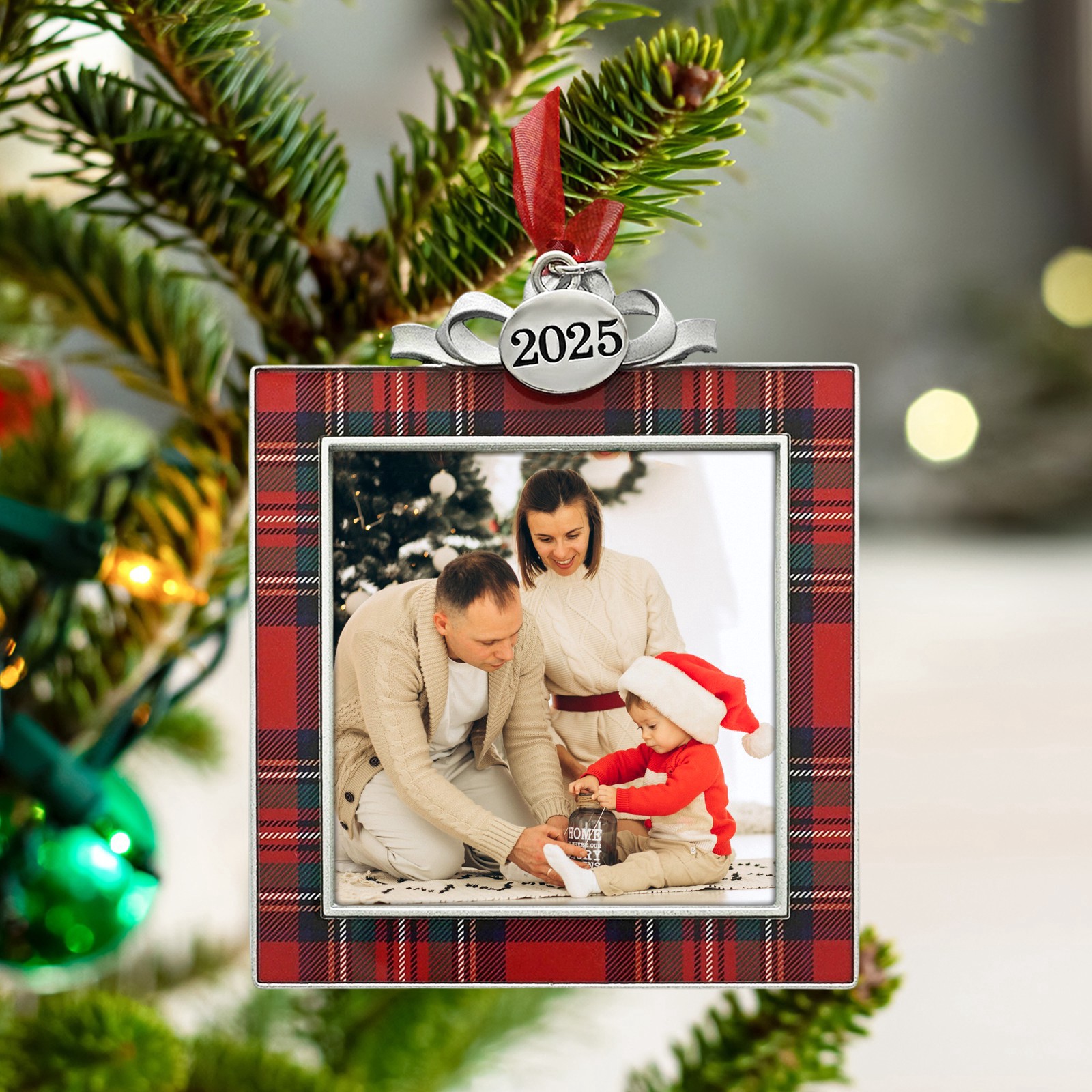 slide 2 of 3, 2.5" X 2.5" Red & Black Plaid With Silver Bow Metal Ornament Frame By Studio Decor, 2.5 in x 2.5 in