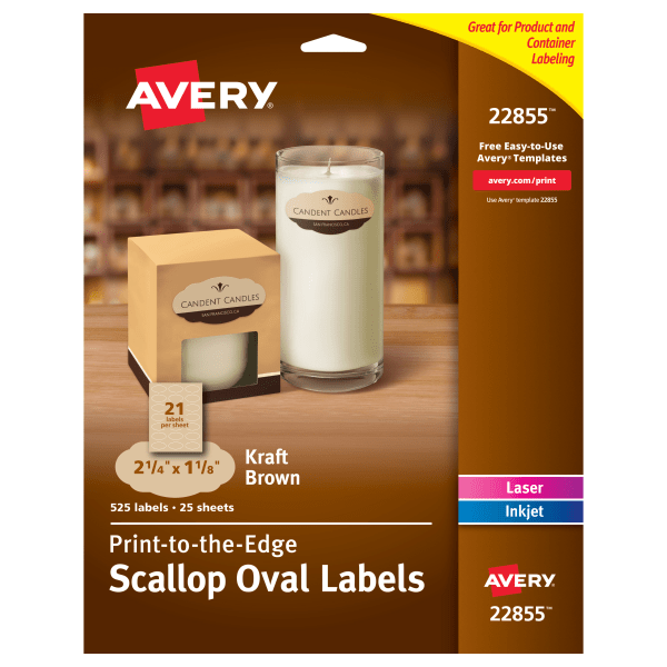 slide 1 of 10, Avery Print-To-The-Edge Oval Labels, 22855, Kraft Brown, 525 ct; 1 1/8 in x 2 1/4 in