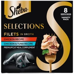 Sheba Selections Filets in Broth Premium Chicken Recipe/Chicken & Tuna Recipe Cat Meal Complement Variety Pack 8 - 1.3 oz Packs