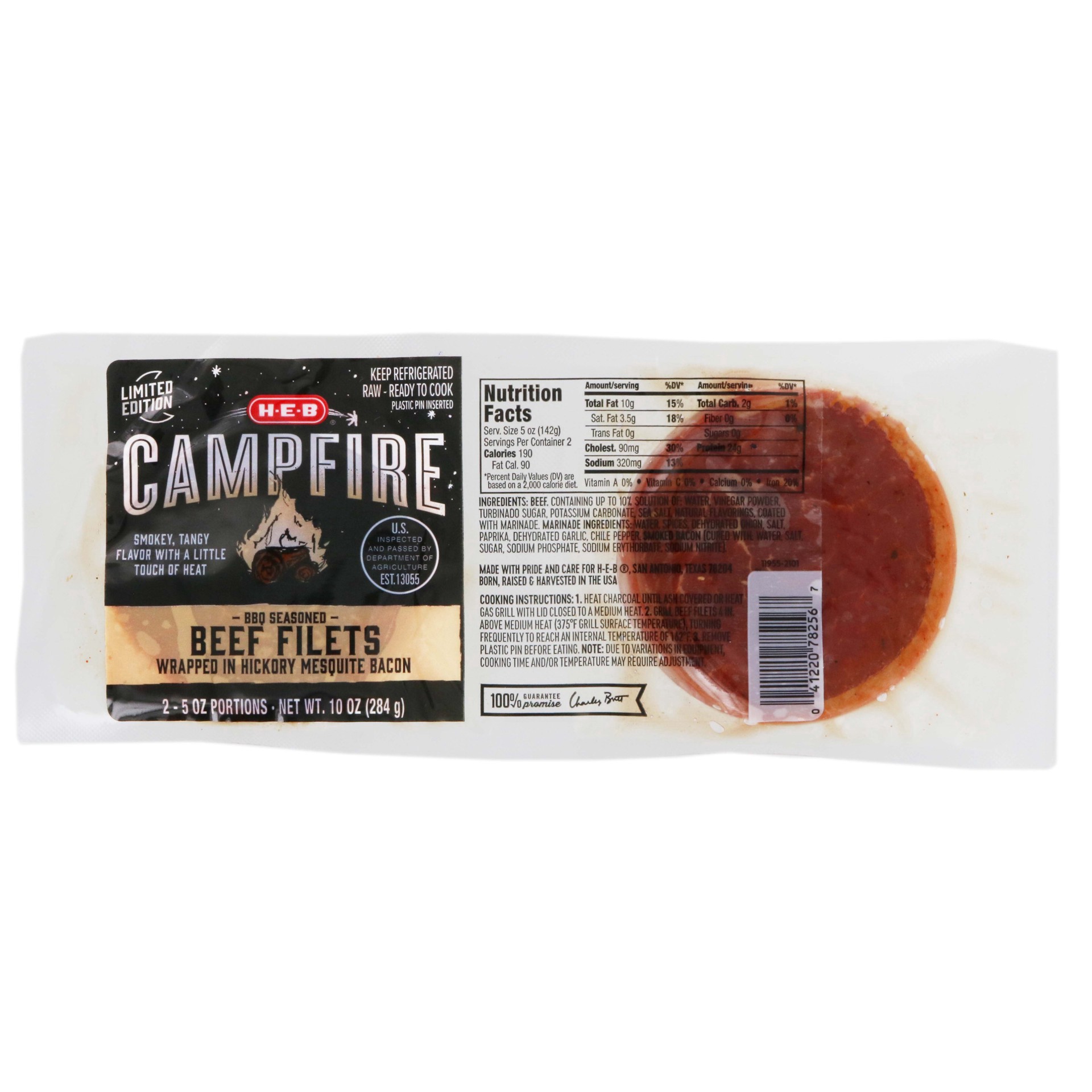 slide 1 of 1, H-E-B Campfire BBQ Seasoned Beef Filets, 2-5oz Steaks, 2 ct