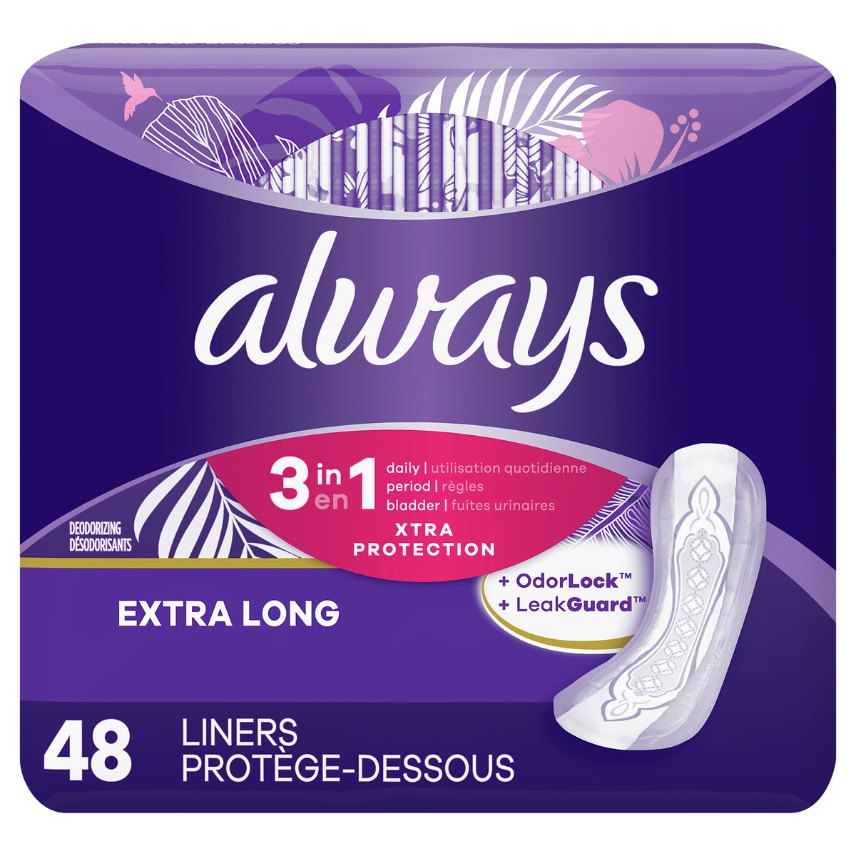 slide 1 of 1, Always Xtra Protection 3-in-1 Daily Liners Extra Long with LeakGuards, Unscented, 48 ct