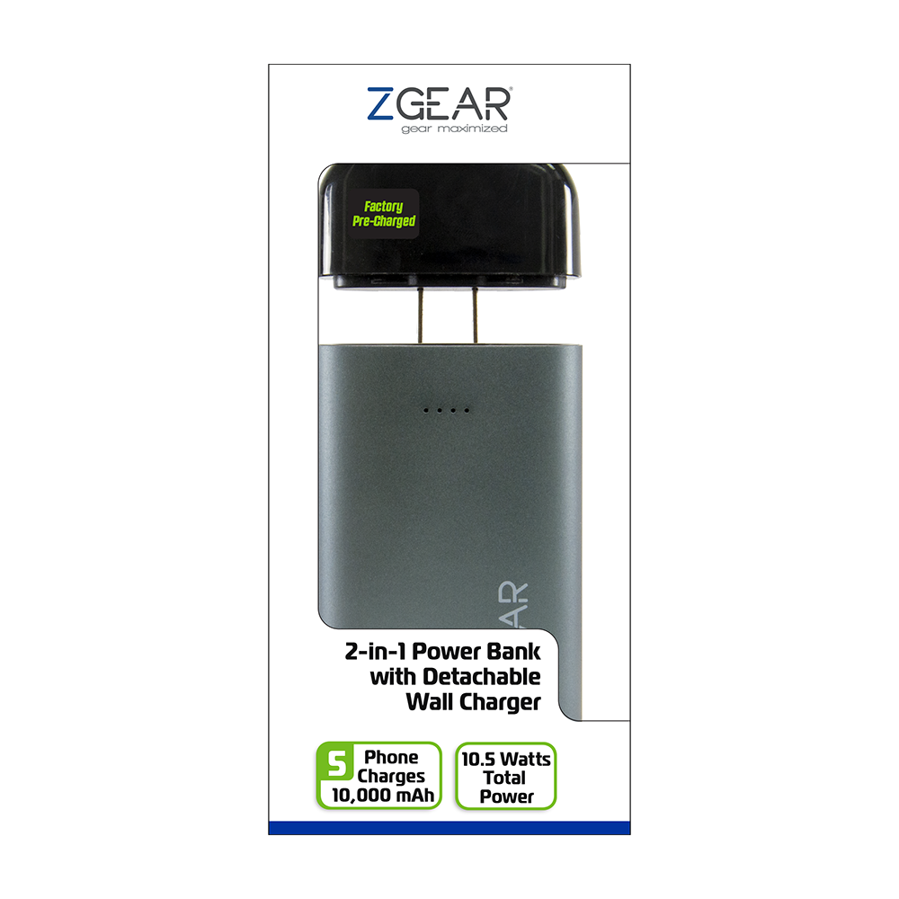 slide 1 of 1, Zgear 2-In-1 Power Bank With Detachable Wall Charger - Black/Gray, 1 ct