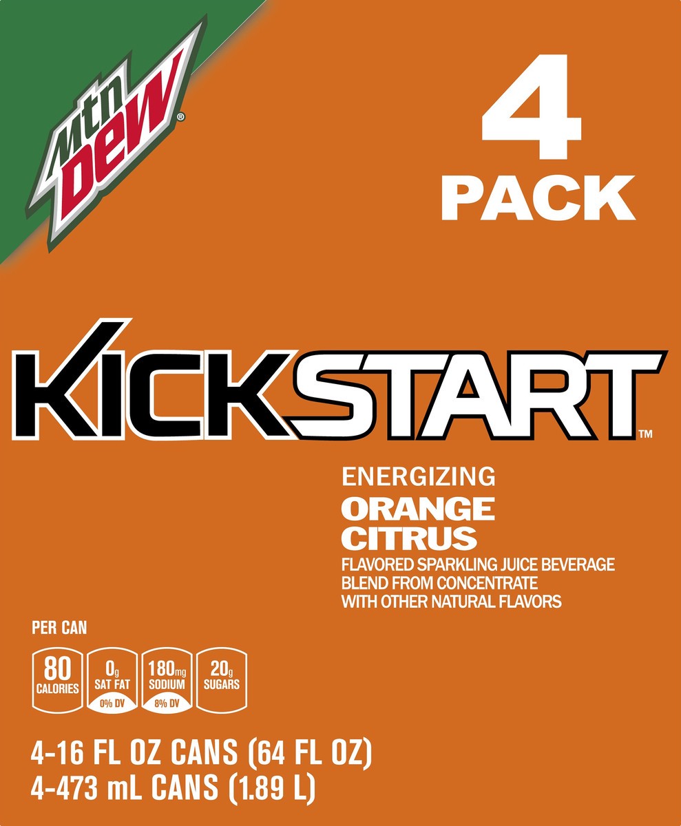 slide 2 of 6, Mountain Dew KickStart 4 Pack Energizing Orange Citrus Sparkling Juice Beverage 4 ea - 4 ct, 4 ct