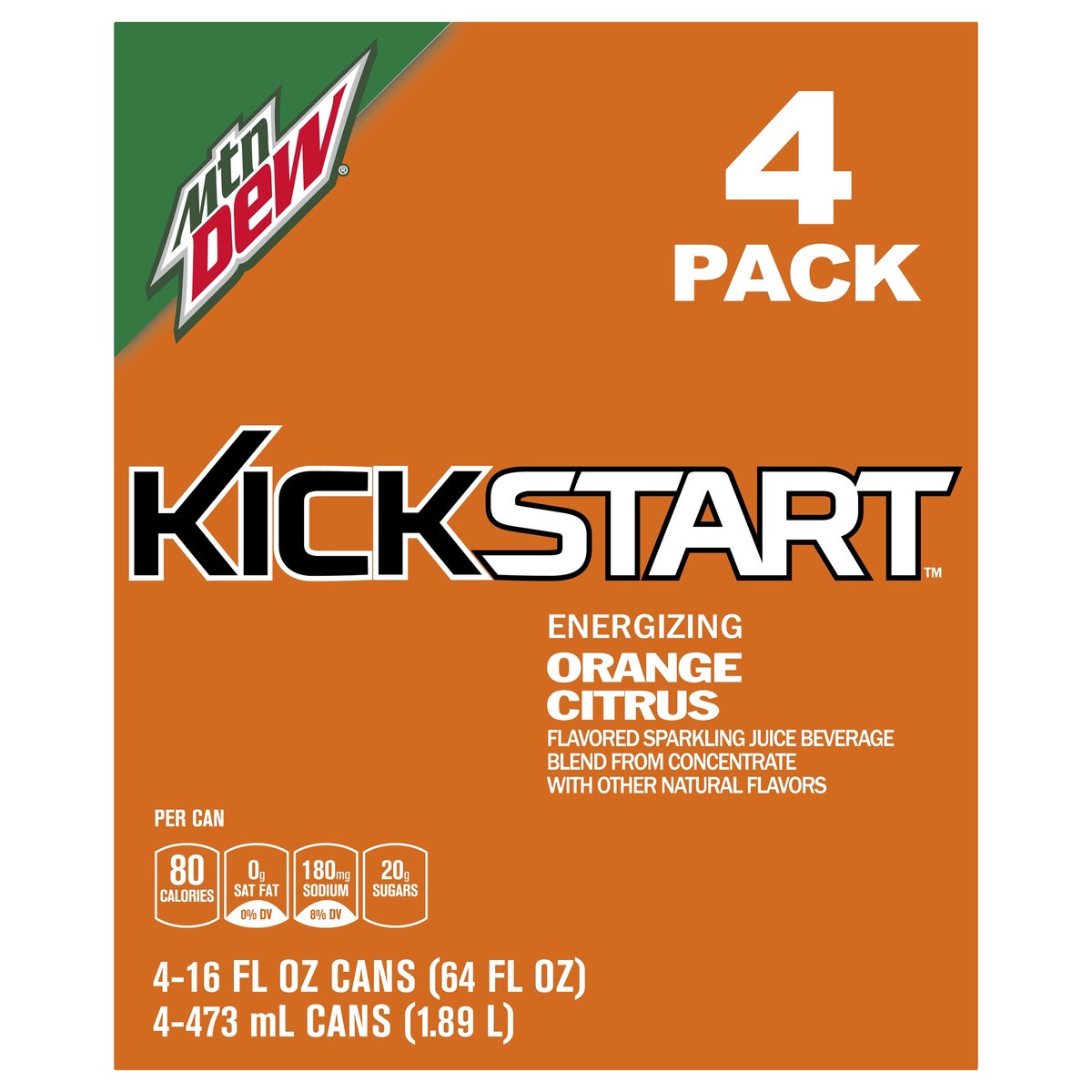 slide 4 of 6, Mountain Dew KickStart 4 Pack Energizing Orange Citrus Sparkling Juice Beverage 4 ea - 4 ct, 4 ct