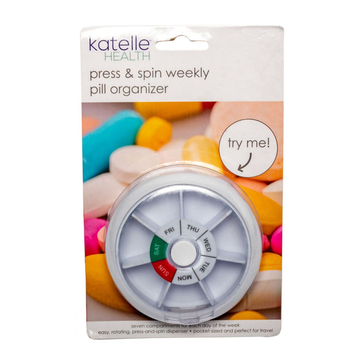 slide 1 of 1, Katelle Press & Spin Weekly Pill Organizer, 1 ct