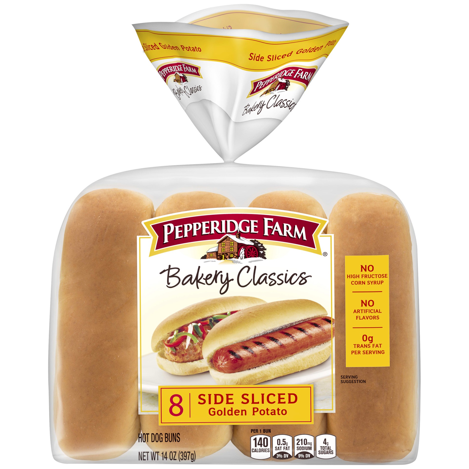 slide 1 of 5, Pepperidge Farm Bakery Classics Side Sliced Golden Potato Hot Dog Buns, 14 oz. Bag, 8-pack, 14 oz