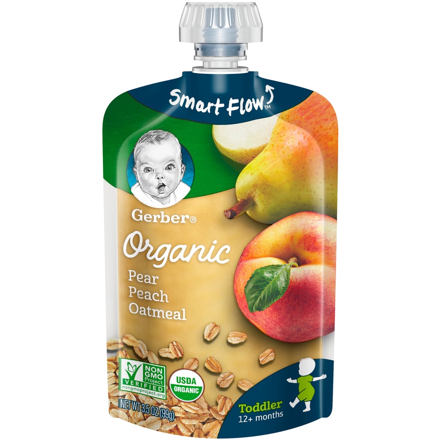 slide 1 of 1, Gerber Toddler Organic Food Pear Peach Oatmeal, 3.5 oz