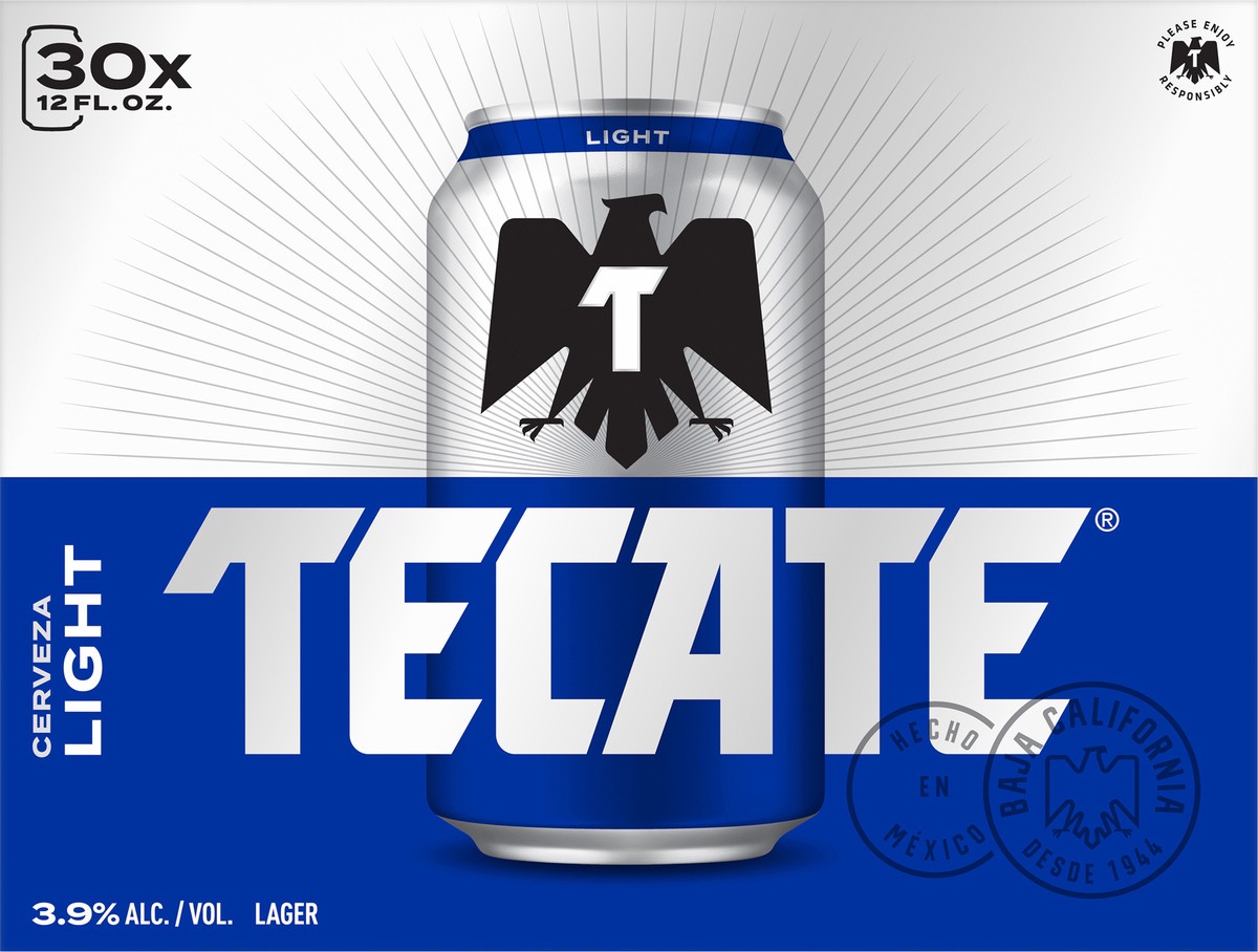 slide 1 of 3, Tecate Light Mexican Lager Beer, 30 Pack, 12 fl oz Cans, 30 ct; 12 oz