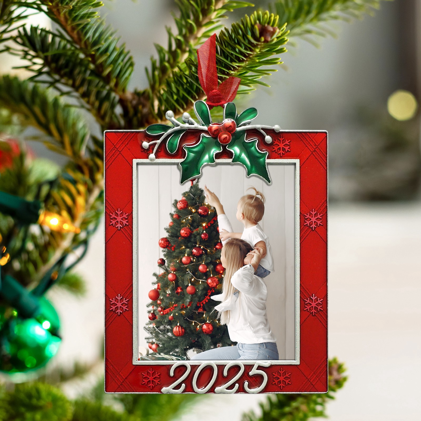 slide 2 of 3, 2" X 2.5" Red, White & Green Holly & Berry Ornament Frame By Studio Decor, 2 in x 2.5 in
