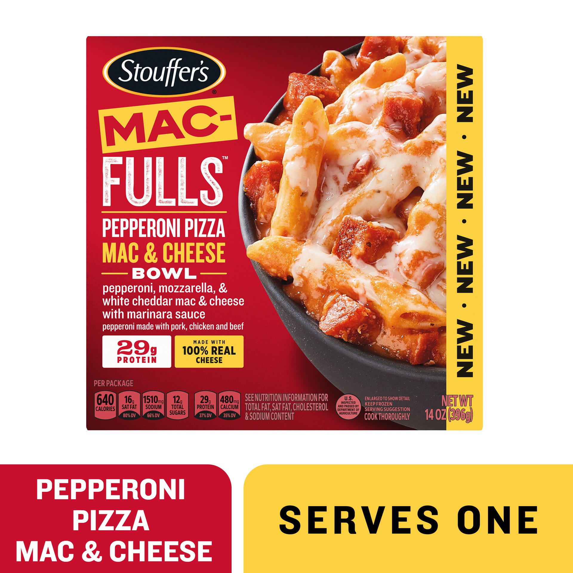 slide 1 of 8, Stouffer's MAC-FULLS Pepperoni Pizza Mac and Cheese Frozen Meal, 14 oz