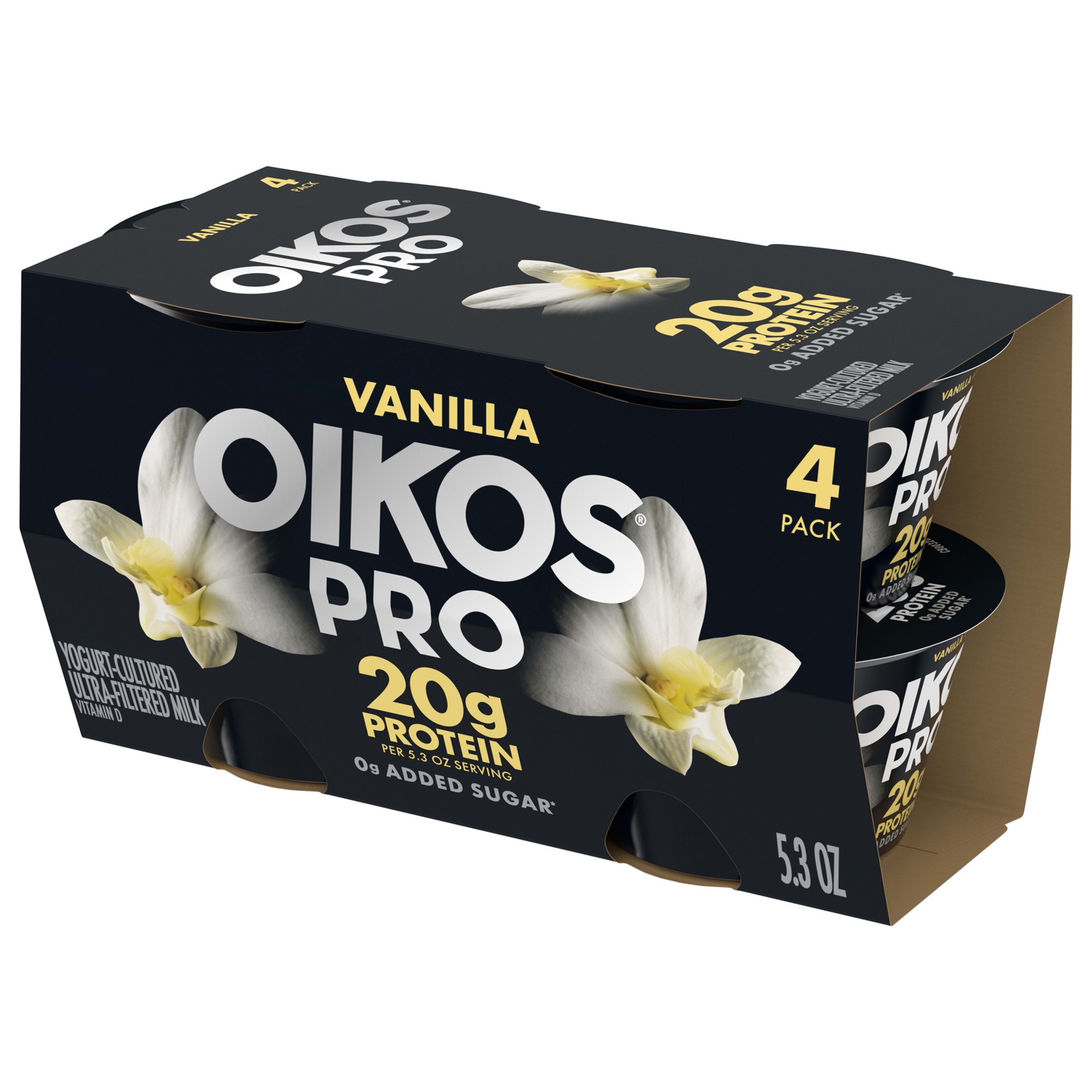 slide 1 of 5, Oikos Pro Vanilla Yogurt-Cultured Ultra-Filtered Milk Product Pack, 20 Grams of Protein, 0g Added Sugar, Just Delicious High Protein Snacks, 4 Ct, 5.3 OZ Cups, 5.3 oz