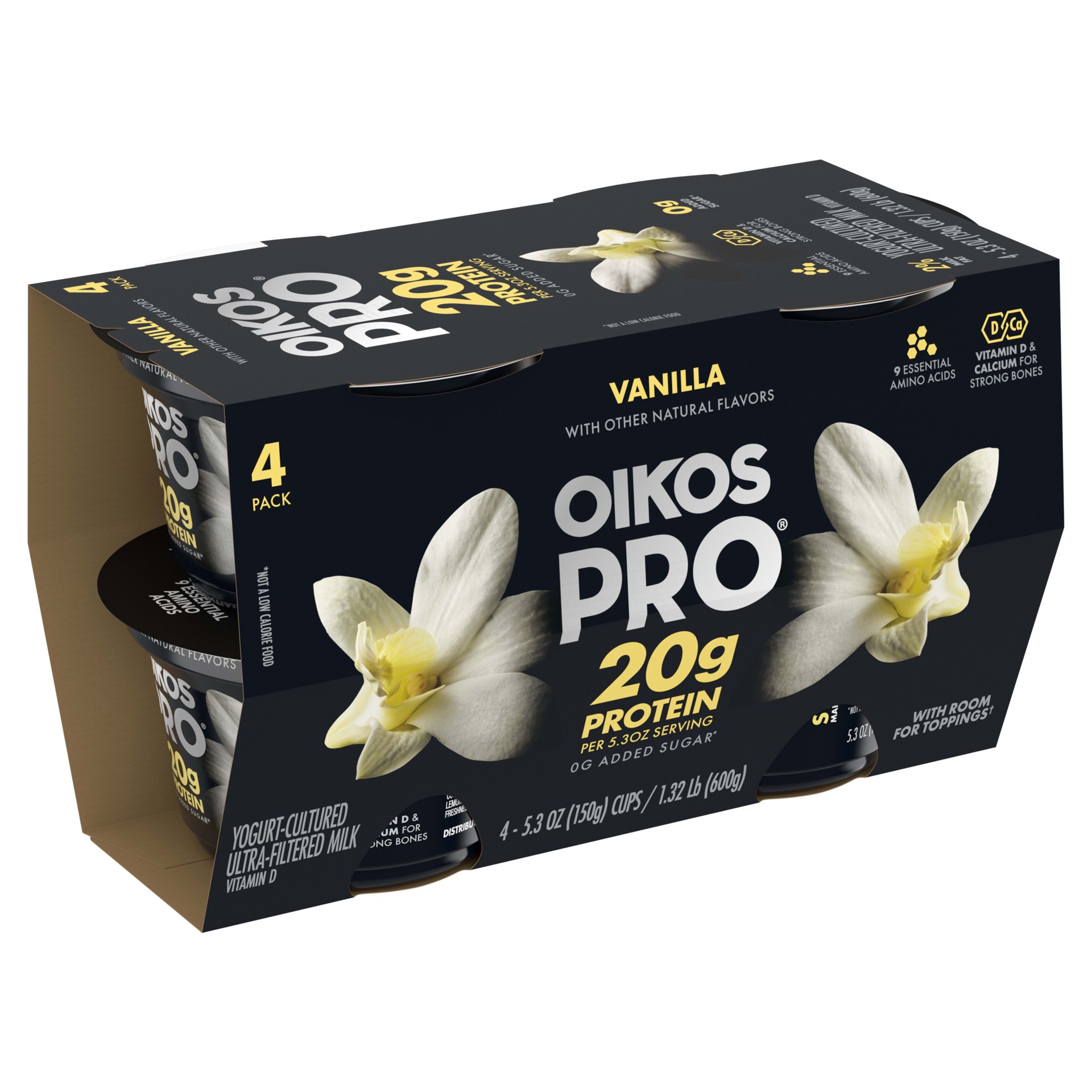 slide 5 of 5, Oikos Pro Vanilla Yogurt Cultured Ultra-Filtered Milk Product Pack, 20 Grams of Protein, 0g Added Sugar, Just Delicious High Protein Snacks, 4 Ct, 5.3 OZ Cups, 5.3 oz