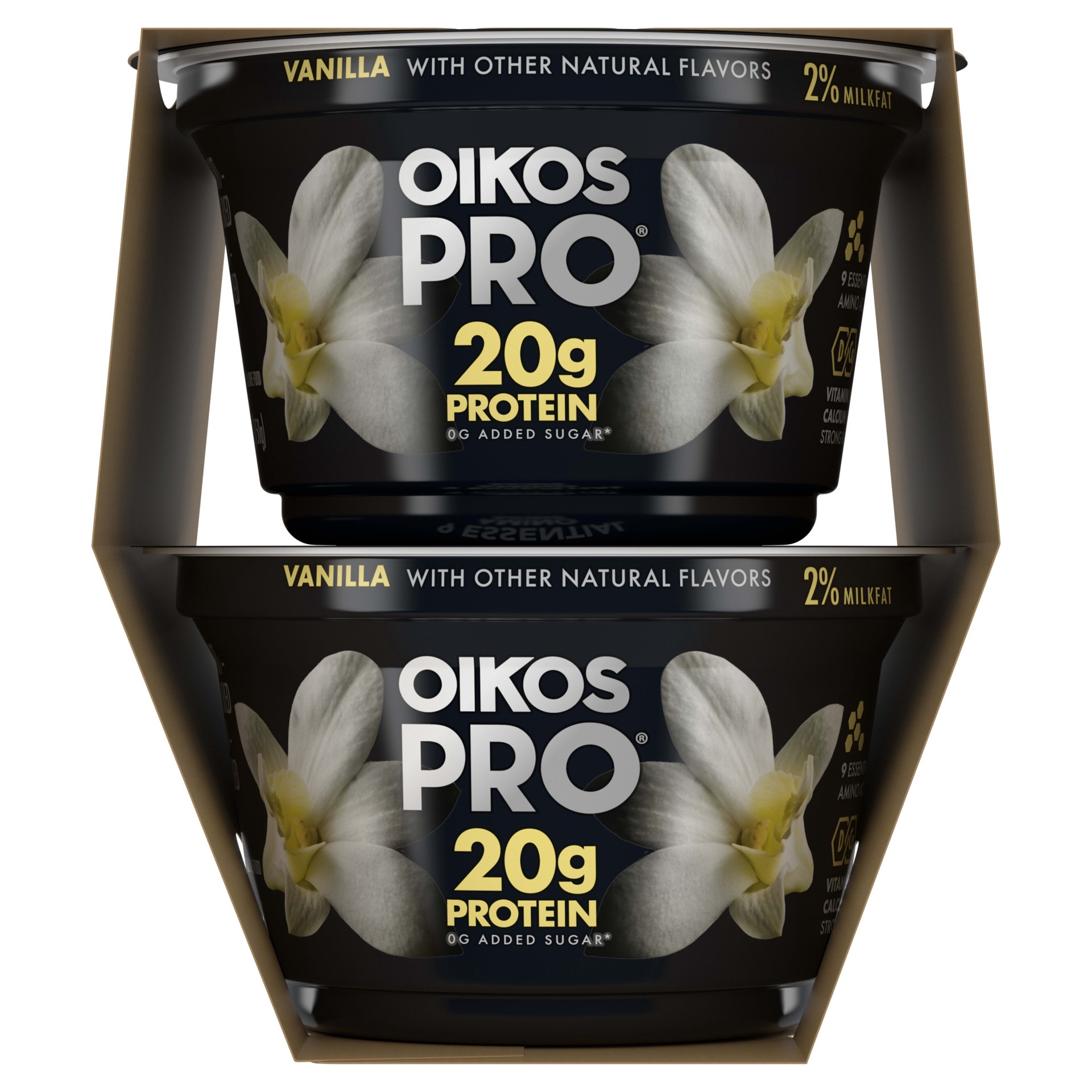 slide 3 of 5, Oikos Pro Vanilla Yogurt Cultured Ultra-Filtered Milk Product Pack, 20 Grams of Protein, 0g Added Sugar, Just Delicious High Protein Snacks, 4 Ct, 5.3 OZ Cups, 5.3 oz