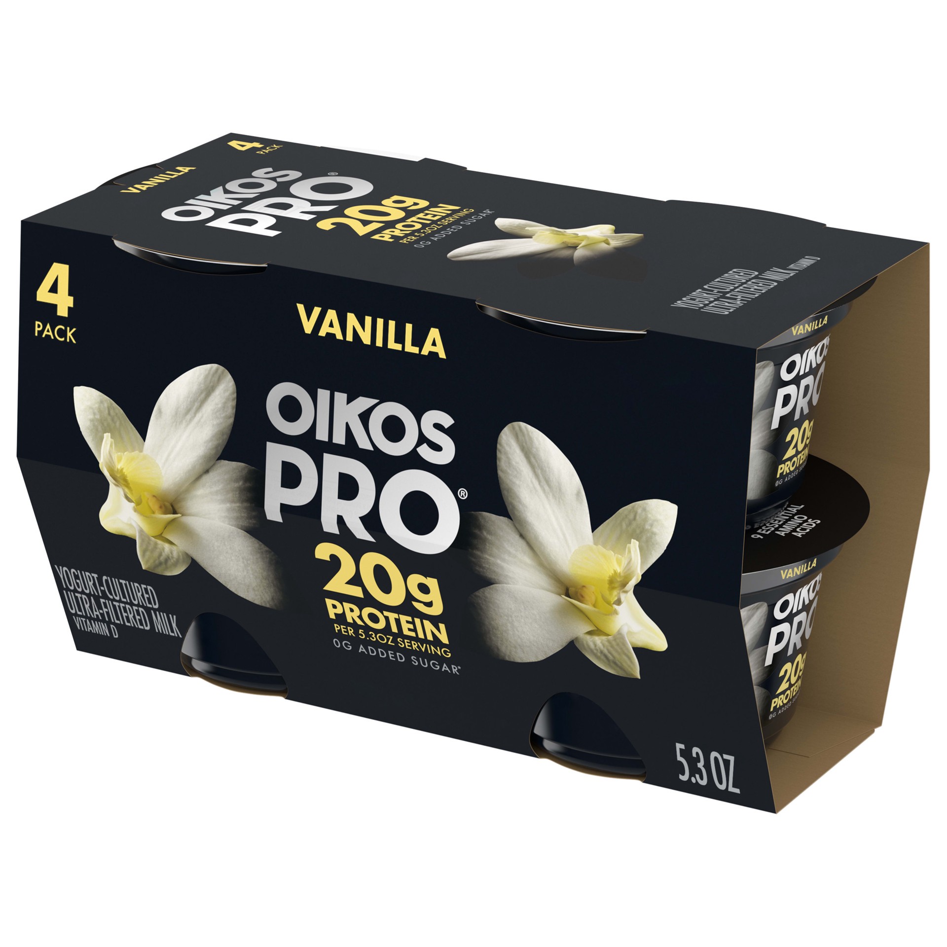 slide 1 of 5, Oikos Pro Vanilla Yogurt Cultured Ultra-Filtered Milk Product Pack, 20 Grams of Protein, 0g Added Sugar, Just Delicious High Protein Snacks, 4 Ct, 5.3 OZ Cups, 5.3 oz