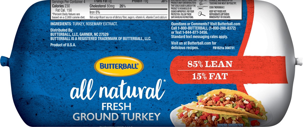 slide 5 of 10, Butterball® all natrual fresh ground turkey chub, 85% , 16 oz