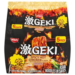 Nissin Geki Spicy Hot Chicken Flavor Asian Noodles in Sauce 5 - 3.80 oz Packs