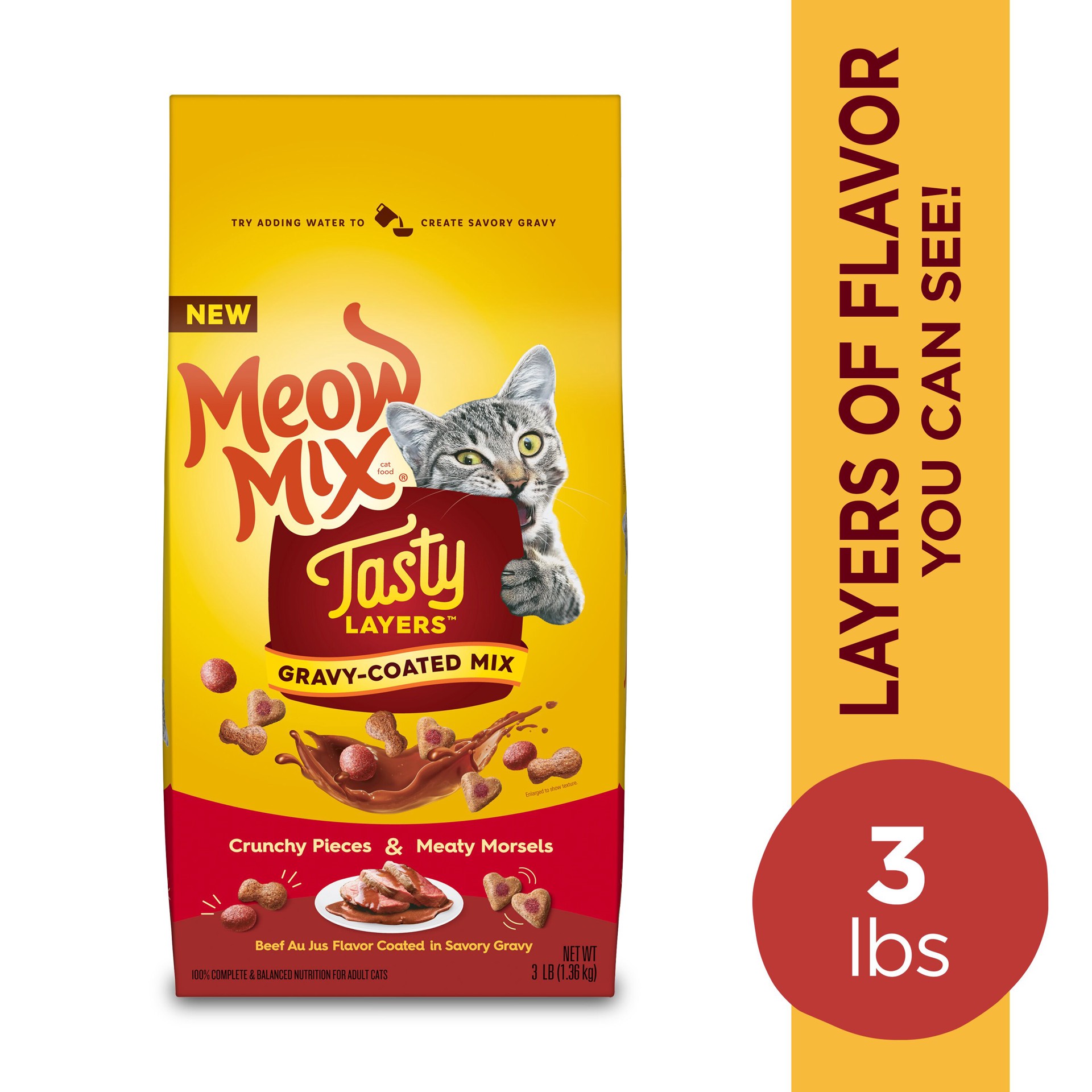 slide 3 of 6, Meow Mix Tasty Layers Gravy-Coated Mix Beef Au Jus Flavor Coated in Savory Gravy Cat Food 3 lb, 3 lb