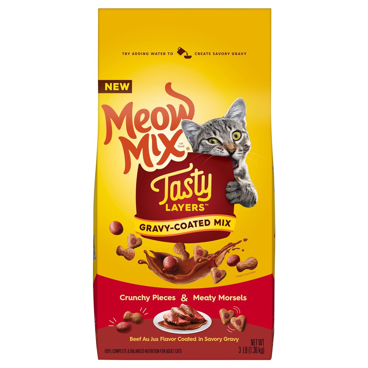 slide 1 of 6, Meow Mix Tasty Layers Gravy-Coated Mix Beef Au Jus Flavor Coated in Savory Gravy Cat Food 3 lb, 3 lb