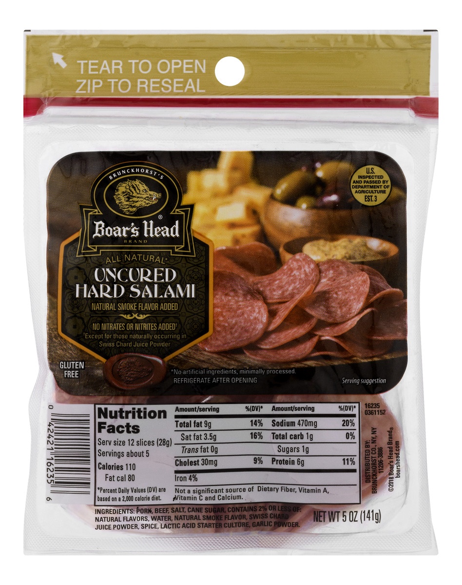 slide 1 of 1, Boar's Head Uncured Pouch Hard Salami, 5 oz