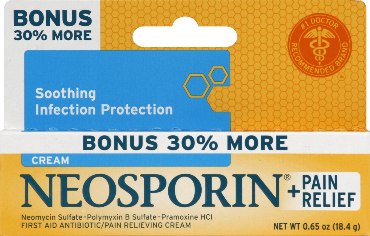 slide 1 of 5, Neosporin First Aid Antibiotic/Pain Relieving Cream 0.65 oz, 0.65 oz