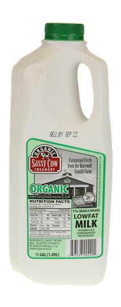 slide 1 of 1, Sassy Cow Creamery Organic 1% Lowfat Milk, 1/2 gal