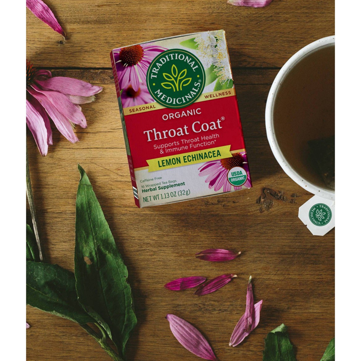 slide 28 of 93, Traditional Medicinals Organic Throat Coat Lemon Echinacea, Caffeine Free Herbal Tea, 16 ct