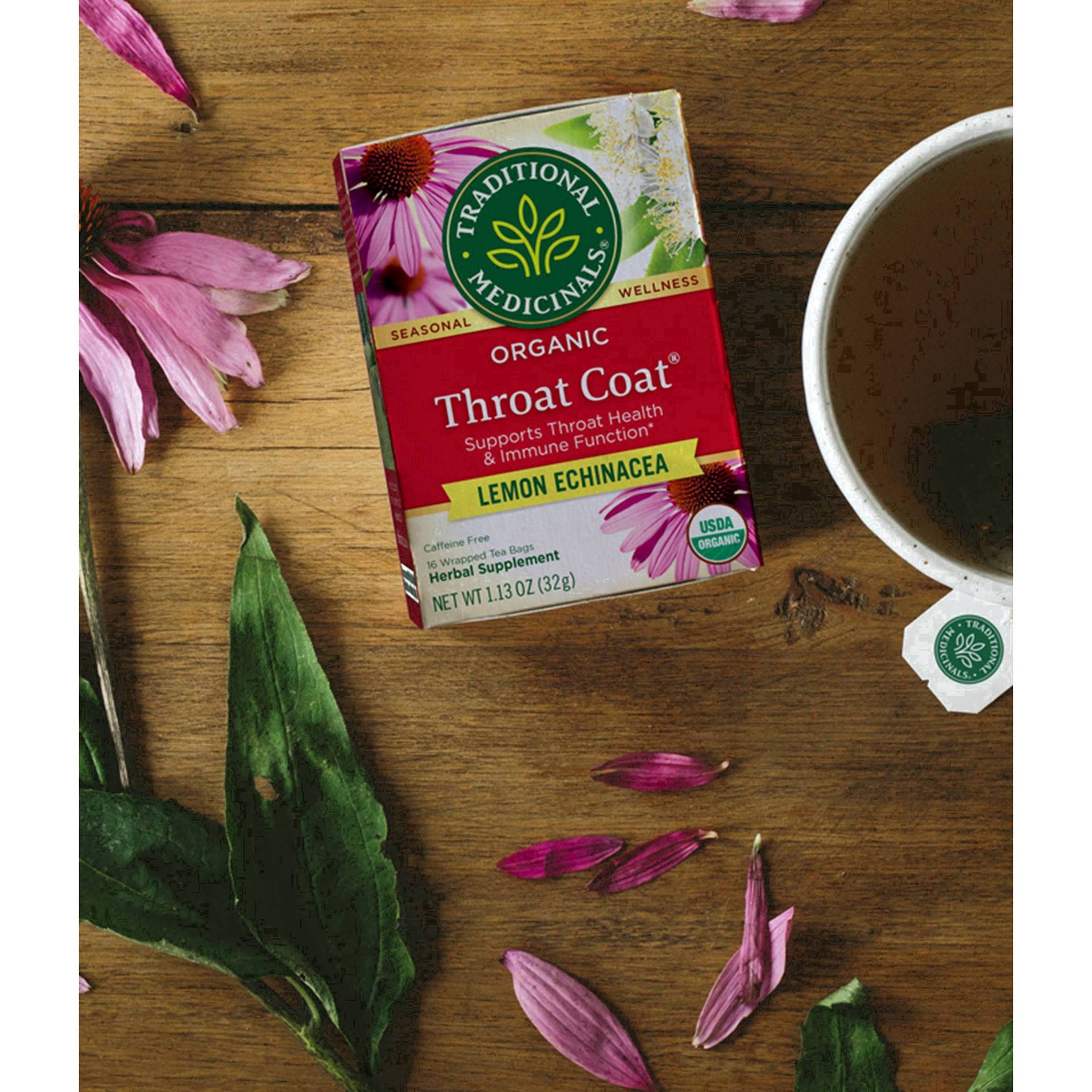 slide 4 of 93, Traditional Medicinals Organic Throat Coat Lemon Echinacea, Caffeine Free Herbal Tea, 16 ct