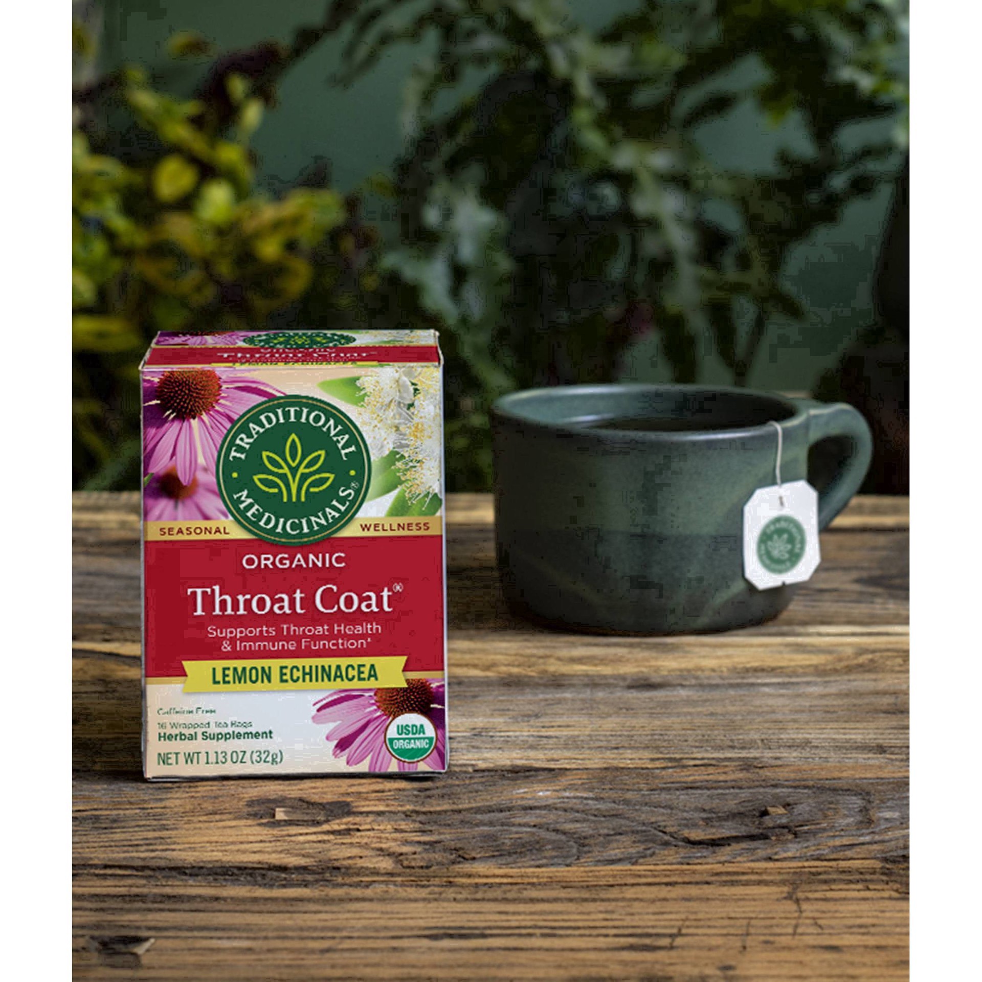 slide 12 of 93, Traditional Medicinals Organic Throat Coat Lemon Echinacea, Caffeine Free Herbal Tea, 16 ct
